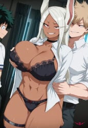 1girls 2boys 2boys1girl abs ai_generated bakugou_katsuki bra breast_grab breasts_bigger_than_head evil_smile grabbing grabbing_from_behind izuku_midoriya lingerie mirko my_hero_academia netorare ntrkage older_female older_male_and_younger_female open_shirt panties shirt teacher_and_student