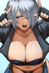 1girls alternate_version_available big_breasts blue_eyes breasts character_request cleavage collarbone eyebrows eyebrows_visible_through_hair eyelashes facing_viewer female female_focus female_only hair_over_one_eye huge_breasts large_breasts light-skinned_female light_skin looking_at_viewer medium_hair midriff navel novum open_jacket open_mouth revealing_clothes silver_hair solo solo_female solo_focus