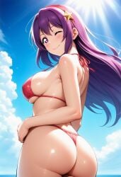1girls ai_generated athena_asamiya beach big_ass big_breasts bikini fat_ass hairband king_of_fighters light-skinned_female light_skin long_hair outdoors pale-skinned_female pale_skin panties purple_eyes purple_hair star star_(symbol) thick_ass