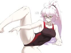 fate/grand_order fate_(series) glasses jeanne_alter long_hair pale-skinned_female pale_skin ponytail spread_legs swimsuit tagme very_long_hair white_background white_hair yellow_eyes