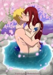 blonde_hair blush breasts closed_eyes crossover crossover_pairing earrings erza_scarlet facial_mark fairy_tail female hug human kissing long_hair male naruto nipples nude partially_submerged passionate red_hair short_hair straight sugarnhoney tall_image tattoo uzumaki_naruto water