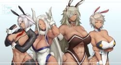 4girls arm_under_breasts big_breasts blazblue blue_eyes blush boku_no_hero_academia bowtie breasts bullet_(blazblue) bunny_ears bunny_tail bunnysuit caenis_(fate) cleavage cuffs_(clothing) dark-skinned_female dark_skin embarrassed eyebrows eyelashes fake_animal_ears fate/grand_order fate_(series) female female_focus female_only fishnets ghislaine_dedoldia grey_hair huge_breasts kemonomimi large_breasts long_hair looking_at_viewer medium_hair miruko muscular muscular_female mushoku_tensei my_hero_academia novum one_eye_closed orange_eyes playboy_bunny red_eyes reverse_bunnysuit rumi_usagiyama scar short_hair simple_background smile tan_body tan_skin tie toned toned_female upper_body white_background white_hair