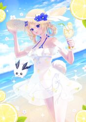 1girl :d bangs beach blonde_hair blue_eyes blue_sky cherry cloud cup day dress drink drinking_glass drinking_straw flower food fruit grapes hat hat_flower hat_ribbon ice ice_cube indie_virtual_youtuber lemon lemon_slice long_hair looking_at_viewer ocean open_mouth orange orange_slice petals ribbon see-through sky smile solo sparkle standing striped summer sun_hat tropical_drink virtual_youtuber vyugen water watermelon white_dress yenko