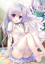1girl ameto_yuki babydoll blush breasts cameltoe dress flower frilled_dress garter_belt garter_straps gray_hair hair_ornament highres karenai_sekai_to_owaru_hana leaning_back nipples nipples_visible_through_clothing panties ren_(karenai_sekai_to_owaru_hana) see-through see-through_dress sitting skirt_lift small_breasts stockings sweet&tea thighhighs underwear