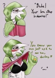 big_boobs big_breasts bra bra_strap bra_strap_is_showing_(meme) gardevoir green_hair married married_female married_woman milf pokemon pokemon_(species) red_eyes white_body
