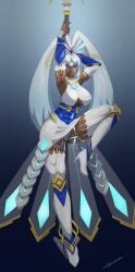 1girls artist_name blue_eyes blue_lipstick dark-skinned_female dark_skin glowing_clothes high_heels large_breasts looking_at_viewer monolith_soft perun_(xenoblade) polearm ponytail simple_background solo_female white_clothing white_hair xenoblade_(series) xenoblade_chronicles_2