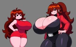 2girls ai_generated friday_night_funkin gigantic_breasts girlfriend_(friday_night_funkin) huge_breasts huge_cleavage jealous red_dress smug smug_face tagme thick_thighs tight_clothing trepidation_gf_(friday_night_funkin) upset wide_hips