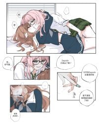 2girls bandaid_on_finger bang_dream! bang_dream!_it's_mygo!!!!! blue_shirt blue_skirt brown_hair chihaya_anon chinese_commentary chinese_text closed_eyes commentary_request cute_fang diagonal-striped_clothes diagonal-striped_necktie female fingering glasses green_necktie green_skirt grey_neckerchief highres long_hair long_sleeves lying multiple_girls nagasaki_soyo neckerchief necktie oerba_yun_fang on_back open_mouth pink_hair plaid_clothes plaid_skirt pleated_skirt pussy_juice pussy_juice_on_fingers rekka shirt skirt striped_clothes translation_request white_shirt yuri