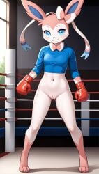 1girls 2025 ai_generated anthro blue_eyes bottomless bottomless_female boxing boxing_gloves digitigrade eeveelution female female_only generation_6_pokemon hi_res indoors innie_pussy looking_at_viewer nintendo pink_fur pokemon pokemon_(species) pussy smile sylveon white_fur