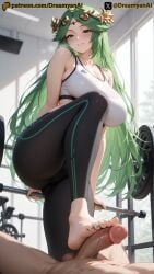 2025 ai ai_assisted ai_generated anime anime_style artist_name barefoot breasts dreamyan_ai feet footjob green_eyes green_hair gym gym_uniform hi_res high_quality high_resolution highres huge_breasts kid_icarus leggings long_hair palutena patreon seductive seductive_eyes seductive_look seductive_pose seductive_smile smile smiling smiling_at_viewer sports_bra sportswear thick_ass thick_thighs thighs tight_clothing tight_fit uncensored