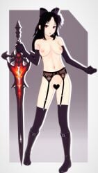 1girls 3d 3d_model black_hair boots censored kaguya-sama_wa_kokurasetai_~tensai-tachi_no_renai_zunousen~ koikatsu medium_breasts mike_oxlong nipples nude red_eyes shinomiya_kaguya sole_female sword topless weapon