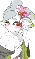 1girls blush blushing_female breasts cleavage clothed_female digital_media_(artwork) female female_focus female_only gray_hair inkling inkrinkr kimono kimono_pull looking_away looking_to_the_side marie_(splatoon) nintendo splatoon splatoon_(series) splatoon_2 squid_sisters white_background yellow_eyes