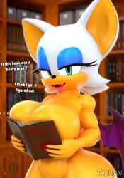 3d_(artwork) absurd_res anthro bedroom_eyes big_breasts book breast_squish breasts convenient_censorship cute_fangs dialogue digital_media_(artwork) english_text fangs female hi_res holding_object huge_breasts library looking_at_viewer mammal membrane_(anatomy) membranous_wings narrowed_eyes nude ouch_meme rouge_the_bat seductive sega solo sonic_the_hedgehog_(series) squish tahlian teeth text wide_hips wings