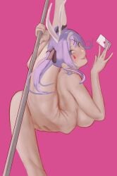 absurdres animal_ears blue_eyes blue_hair breasts card contortion female flexible hatsune_miku highres large_breasts nude pink_background pole rabbit_ears rabbit_hole_(vocaloid) simple_background solo split standing standing_on_one_leg standing_split tapith twintails vocaloid