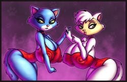 2girls 5_fingers anthro areola_bulge ass atlus bedroom_eyes big_breasts blue_hair breasts bubble_butt busty cats_don't_dance cleavage collarbone covered_nipples cream_fur curvy eyelashes eyeliner fluffy_tail furry furry_only go!_go!_hypergrind green_eyes holding_hands hourglass_expansion hourglass_figure huge_breasts innocenttazlet lipstick nipple_bulge penny_(ggh) pink_nose sawyer_(cats_don't_dance) sega slim_thick slim_waist spumco swimsuit tail thick_thighs two_tone_fur white_fur yellow_eyes yellow_sclera
