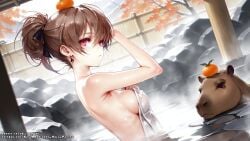 ai_generated azur_lane brown_hair capybara color colored female female hell-pantsu jean_bart_(azur_lane) mandarin_orange medium_breasts purple_eyes towel uncensored wet