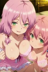 ai_generated big_breasts female female_focus flare_arlgrande_jioral green_eyes kaifuku_jutsushi_no_yarinaoshi looking_at_viewer norn_clatalissa_jioral pink_hair pixiv redo_of_healer showing_breasts showing_off small_breasts teasing