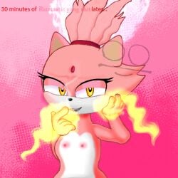 1:1 anthro blaze_the_cat blush breasts burning_blaze digital_media_(artwork) domestic_cat felid feline felis female fur hair hi_res kerotheklutz looking_at_viewer mammal nipples nude pink_body sega simple_background smile solo sonic_the_hedgehog_(series) super_form text yellow_eyes