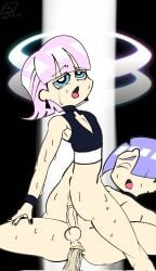 3boys blue_eyes drilljacky femboy femboy_only incest male male_only panty_&_stocking_with_garterbelt periwinkle_hair pink_hair pleasure_face polyester_(panty_&_stocking_with_garterbelt) polyurethane_(panty_&_stocking_with_garterbelt) red_eyes sandwich_position sex sweat train_position