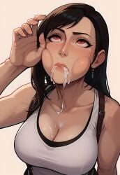 after_fellatio ai_generated black_hair cheek_bulge closed_mouth cum cum_in_mouth cum_leaking cum_leaking_out_of_mouth cum_string female final_fantasy final_fantasy_vii from_above highres looking_up pov red_eyes self_upload supermanson tank_top tifa_lockhart white_topwear