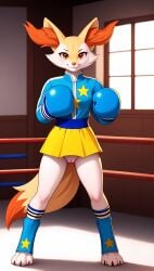 1girls 2025 ai_generated anthro boxing boxing_gloves braixen digitigrade female female_only generation_6_pokemon hi_res indoors inner_ear_fluff innie_pussy looking_at_viewer nintendo no_panties orange_eyes orange_fur pokemon pokemon_(species) pussy smile white_fur yellow_fur