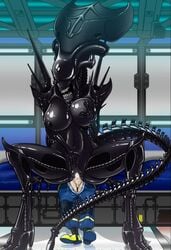 1boy 1girls 4_arms alien areola balls breast_grab breasts dr_nowak faceless_male female female_xenomorph human human_penetrating large_breasts larger_female male navel nipples penis pussy pussy_juice squatting tail xenomorph xenomorph_queen