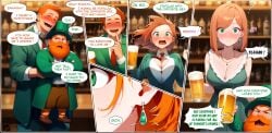 1girls 2boys ai_generated alcohol beer blush breasts clothing comic dress drunk english_text female gender_transformation genderswap_(mtf) green_eyes jewelry leprechaun leprechaun_hat male original red_hair rule_63 saint_patricks_day text_bubble wish