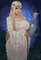 big_breasts blonde_hair blue_eyes diadem galadriel gold_hair golden_hair lord_of_the_rings translucent_clothing vase white_dress