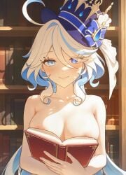 absurd_res ahoge ai_generated alternate_breast_size areola_slip blue_bow blue_eyes blue_gemstone blue_hair blue_headwear blush book bookshelf bow breasts cleavage closed_mouth collarbone colored_inner_hair completely_nude covering_breasts covering_privates cowlick drop-shaped_pupils eyes_visible_through_hair female fingernails furina_(genshin_impact) gem genshin_impact hair_between_eyes hat hat_bow heterochromia holding holding_book indoors large_breasts library light_blue_hair long_hair looking_at_viewer medium_breasts meme meme_reference ministro mismatched_pupils multicolored_hair nipple_slip nipples nude open_book ouch_meme reading sidelocks smile solo streaked_hair swept_bangs tilted_headwear top_hat two-tone_hair upper_body very_long_hair wavy_hair white_hair