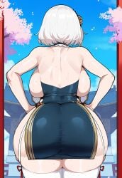 ai_generated azur_lane big_breasts breasts curvy dark-skinned_male female female huge_breasts juuicyai large_breasts light-skinned_female light_skin male massive_breasts narrow_waist nude outdoors red_eyes sirius_(azur_lane) sirius_(azure_horizons)_(azur_lane) solo thick_thighs white_hair wide_hips