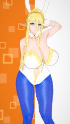 3d animal_ears artoria_pendragon_(swimsuit_ruler)_(cosplay) blonde_hair bunny_ears centorea_shianus detached_collar fate/grand_order gigantic_breasts human koikatsu mike_oxlong monster_musume_no_iru_nichijou stockings