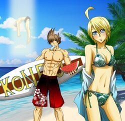 2boys abs alternate_breast_size beach bikini black_eyes blonde_hair blue_eyes blush breasts brown_hair censored cleavage eleonore_kliesen female food ice_cream lars_alexandersson lee_chaolan leo_kliesen multiple_boys muscular namco ootori_sen_na_gatsu popsicle sexually_suggestive short_hair shorts silver_hair swimsuit tekken watermelon