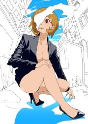 cleavage female heels human no_bra office_lady pant_suit panties smoking some1else45 squatting suit