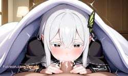 1boy 1girls ai_generated bed bedroom black_dress blush butterfly_hair_ornament capelet colored_eyelashes cum cum_in_mouth dress echidna_(re:zero) fellatio female hair_between_eyes hair_ornament long_hair oral patreon penis pov re:zero_kara_hajimeru_isekai_seikatsu straight sweat uncensored vertical-striped_dress wet wet_pussy white_hair zenaai