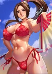 absurdres bikini blue_sky breasts brown_eyes brown_hair cloud cowboy_shot day falling_petals fatal_fury female floating_hair grin hand_fan hand_on_own_hip highres holding holding_fan large_breasts lips long_hair looking_at_viewer mai_shiranui navel nillpas_ongumpai outdoors parted_lips petals red_bikini side-tie_bikini_bottom sky smile solo stomach street_fighter street_fighter_6 swimsuit the_king_of_fighters very_long_hair