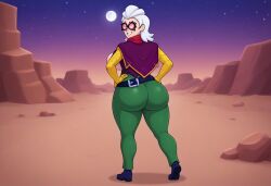 1girls ai_generated belle_(brawl_stars) big_ass big_breasts brawl_stars civitai desert green_pants hand_on_hip hips huge_ass huge_breasts massive_ass night rear_view red_scarf smile solo standing white_hair