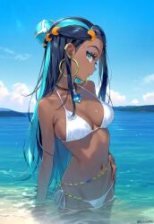 1girls ai_generated blue_hair botchi996 breasts busty dark-skinned_female female female_only hoop_earrings long_hair looking_at_viewer midriff nessa_(pokemon) nintendo ocean pokemon pokemon_trainer seductive seductive_look sensual side_eye side_look stable_diffusion standing_in_water water