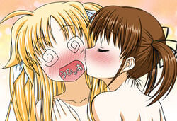 2girls @_@ alternate_hairstyle bare_shoulders blonde_hair blush brown_hair cheek_kiss closed_eyes cute fate_testarossa female fingernails hair_ribbon hand_on_chest kakitsubata_tsukune kissing long_hair lyrical_nanoha mahou_shoujo_lyrical_nanoha mahou_shoujo_lyrical_nanoha_a's multiple_girls nude open_mouth orange_background ribbon short_hair short_twintails takamachi_nanoha text tied_hair topless translation_request twintails yuri