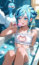 1boy ai_generated altaria bath bathing bathroom bathtub blowing blowing_bubbles blue_eyes bra bubble_bath bubbles bulge cat_cutout femboy friends grusha_(pokemon) happy lingerie male nail_polish nails_painted otoko_no_ko panties playing playing_in_bathtub playing_with_bubbles pokemon thighs water