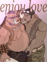 2023 anthro belly bottomwear bulge clothing duo hi_res hug inotetu kemono male male/male mammal moobs navel nipples overweight overweight_male pants rhinoceros suid suine teenage_mutant_ninja_turtles warthog