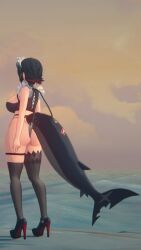 3d big_ass big_breasts black_hair bra ellen_joe high_heels maid_uniform red_eyes shark_tail stockings string_panties two_tone_hair zenless_zone_zero