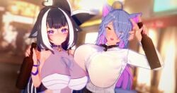 2023 2girls 3d breasts cat_ears cat_tail catgirl deluxe_rosie female female_only huge_breasts indie_virtual_youtuber light-skinned_female light_skin orca_girl orca_tail outdoors rosie_(vtuber) shylily standing tail tan-skinned_female tan_body tan_skin virtual_youtuber