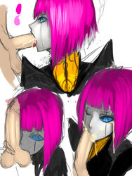 2013 alternate_hair_color bladecraft_orianna blue_eyes cum cum_in_mouth facial fellatio female highres kumiko_(aleron) league_of_legends legacy_series magic_penis oral orianna penis pink_hair robot robot_fellatio rough short_hair solo testicles