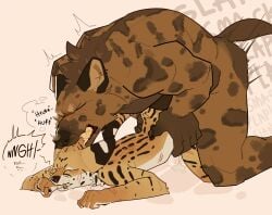 anal anthro bite bodily_fluids breath closed_eyes cum cum_on_ground doggy_style drooling drunk_sex duo felid feline finger_bite finger_in_mouth from_behind_position genital_fluids gnoll hi_res hyena male male/male mammal onomatopoeia questionable_consent rough_sex saliva scruff_bite serval servali_sketch sex simple_background size_difference slightly_chubby sound_effects text wounded