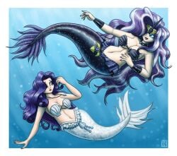 2019 2girls alpha_channel armor bare_shoulders black_body black_scales black_tail border bra bracers breasts choker circlet cleavage clothed clothing duo female friendship_is_magic hair hair_over_eye hasbro hi_res highlights_(coloring) humanoid_merfolk idw_publishing jewelry king-kakapo long_hair marine merfolk multicolored_hair my_little_pony my_little_pony_(idw) navel necklace nightmare_rarity purple_hair rarity_(mlp) scales seashell_bra split_form strapless_bra strapless_clothing strapless_underwear swimming tail transparent_border two_tone_hair underwater underwear water white_body white_highlights white_scales white_tail
