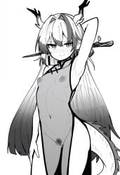 alternate_costume arknights arm_behind_head arm_up armpits blush breasts china_dress chinese_clothes closed_mouth commentary_request dragon_girl dragon_horns dragon_tail dress female female_pubic_hair greyscale groin hair_between_eyes hair_intakes hand_on_leg hand_on_own_thigh highres horns long_hair looking_at_viewer makigirisu medium_breasts monochrome nipples no_nose nose_blush presenting_armpit pubic_hair pussy see-through_clothes see-through_dress shu_(arknights) simple_background sleeveless sleeveless_dress smile solo split_mouth sweatdrop tail white_background