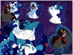 4:3 absurd_res anthro bat beard belly big_belly blue_body blue_fur bluevixenad bodily_fluids canid canine canis collar cum cum_drip darnell_(red)_(bluevixenad) dire_wolf distracting_watermark dragon dripping duo endosoma english_text eyeliner facial_hair fangs female fur genital_fluids genitals gold_(metal) gold_tooth green_eyes hair heart_(marking) hi_res hybrid knot knotted_penis long_hair long_tail long_tongue makeup male male/female mammal markings megabat mouth_shot multiple_piercings mythological_creature mythological_scalie mythology neck_bulge open_mouth oral_head_gulp oral_vore partially_inside pattern_sheets penis piercing prehistoric_species razzle_dazzle_(bluevixenad) red_beard red_eyeliner red_eyes red_facial_hair safe_vore saliva saliva_string scalie spikes spikes_(anatomy) tail teeth text tongue vore watermark white_body white_fur wolf