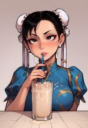 ai_generated big_breasts black_hair brown_eyes chun-li cleavage clothed cum_container cum_drinking cum_in_container drinking_cum female glass_container gokkun hair_buns highres huge_breasts self_upload straw street_fighter supermanson