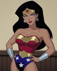 2025 ai_generated bad_bunnyai black_hair blue_eyes hand_on_hip hands_on_hips headband instagram meta metal_bracelet red_and_blue red_and_blue_outfit star_earrings star_headband wonder_woman wonder_woman_(dcamu) wonder_woman_(dcau) wonder_woman_(justice_league)