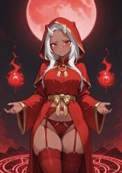 ai_generated blood_moon calamitas calamity_mod embarrassed freckles freckles_on_face garter_belt garter_straps hiddenashes hood horns lace_panties mage magic magic_circle moon moonlight night_sky panties red_eyes robe stockings sweat terraria wet wet_panties white_hair white_horns